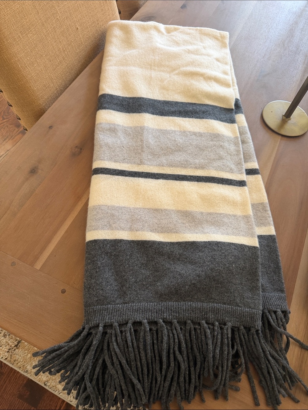 Frontgate new Striped Fringe Throw Blanket in Cream and Gray cashmere